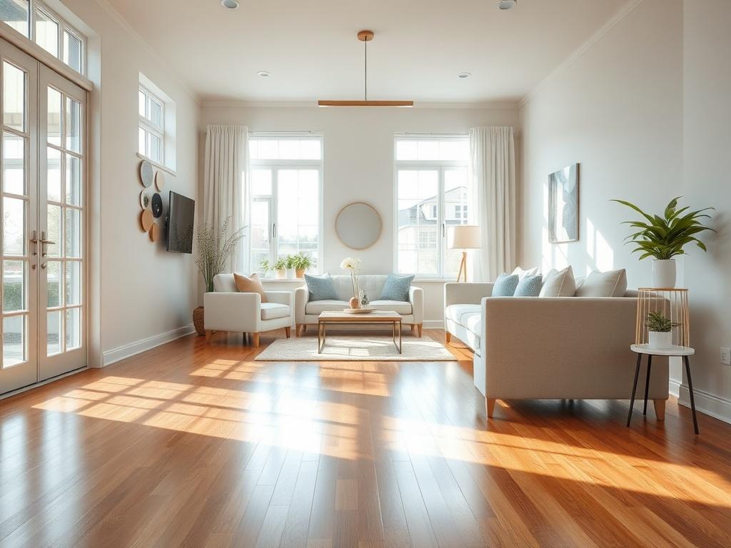 A close-up shot of a pristine, newly cleaned living room after construction, showcasing gleaming hardwood floors, sparkling windows, and immaculate surfaces. The composition focuses on the bright, clean elements of the room, with natural light streaming in, creating a cheerful and inviting atmosphere. The background features neatly arranged furniture and decor, emphasizing the freshness and cleanliness of the space.