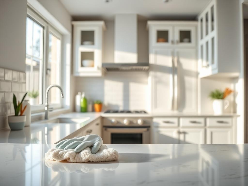 A hyper-realistic image of a professional cleaner using eco-friendly products to clean a bright kitchen after renovation, highlighting gleaming countertops, spotless cabinets, and shiny appliances. The focus is on the cleaner's hands as they wipe down surfaces, with a backdrop of a well-organized kitchen filled with natural light, emphasizing cleanliness and eco-friendliness.