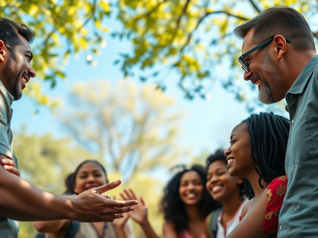 A close-up shot of a diverse group of community members engaging in a discussion in a park, surrounded by greenery and a bright blue sky. The focus is on their expressions of enthusiasm and collaboration, with the background softly blurred to emphasize their interaction.