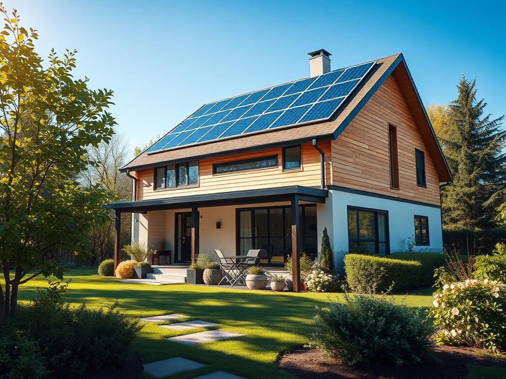 A beautifully designed, energy-efficient home surrounded by nature, showcasing solar panels on the roof and a lush green yard. The image captures the essence of modern, sustainable living, with clear blue skies and sunlight illuminating the home.