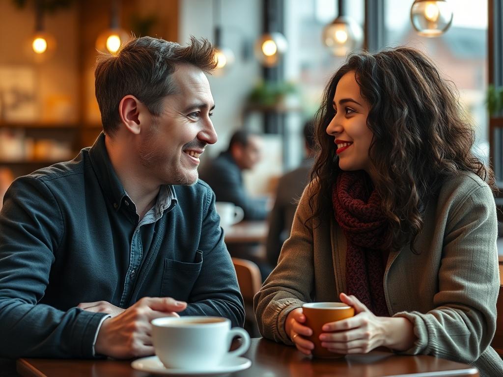 A mentor and mentee engaged in a productive conversation at a cozy coffee shop, both looking motivated and inspired. The background features warm colors and inviting decor, creating an atmosphere of growth and connection.