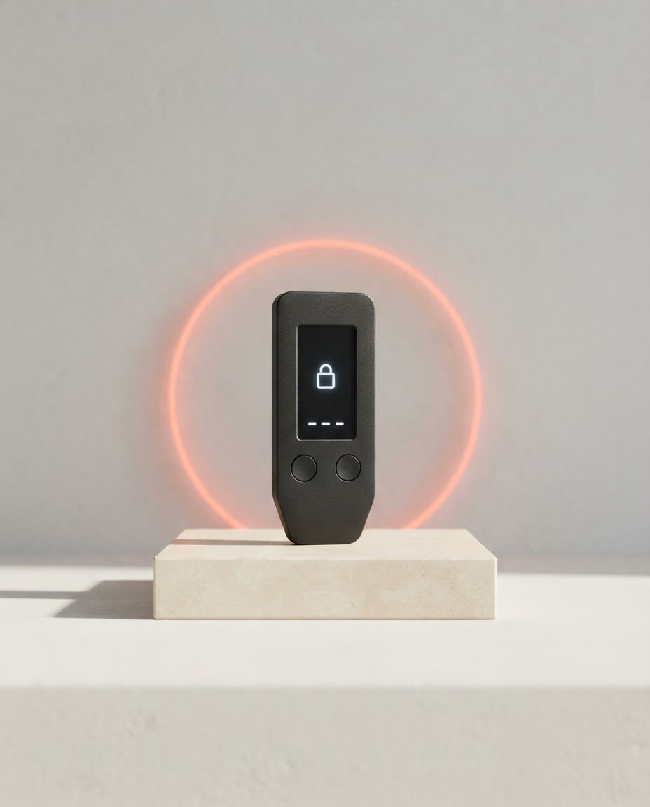 A hardware wallet device presented as a minimal studio still life