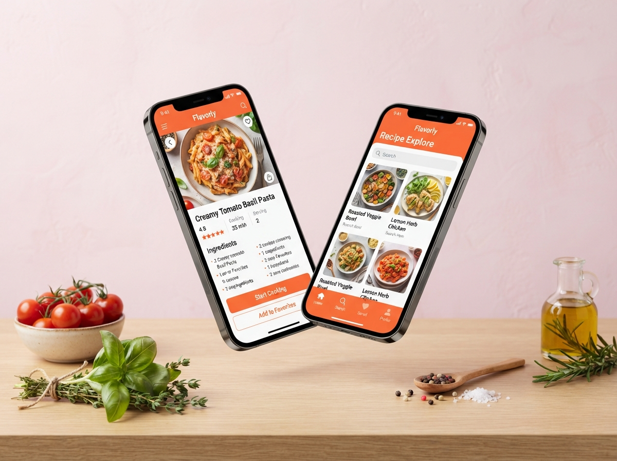 Smartphones showing Beacon Brook Digital's cooking recipe app, surrounded by fresh ingredients