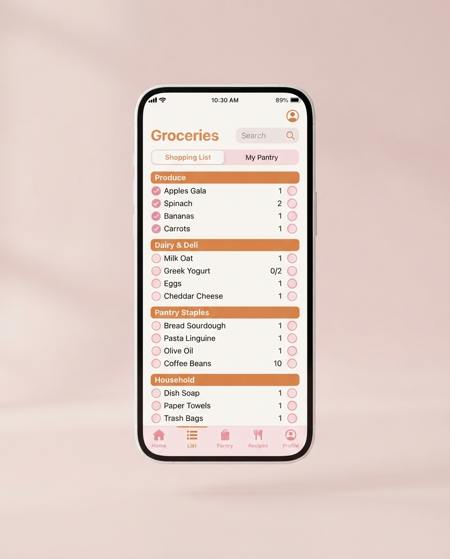 Weekly Table pantry and shopping app interface on a smartphone
