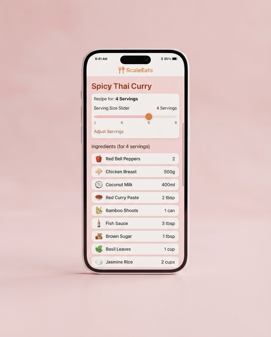 PortionWise ingredient scaling app interface on a smartphone