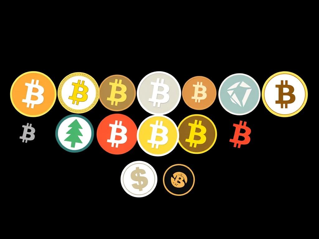 An artistic representation of various cryptocurrencies symbolized by their logos,