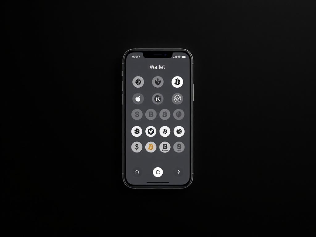 A realistic high-resolution photo of a sleek, minimalistic digital wallet interface on a smartphone, displaying various cryptocurrency icons. The background should be black with a subtle texture, emphasizing the simplicity and elegance of the wallet design.
