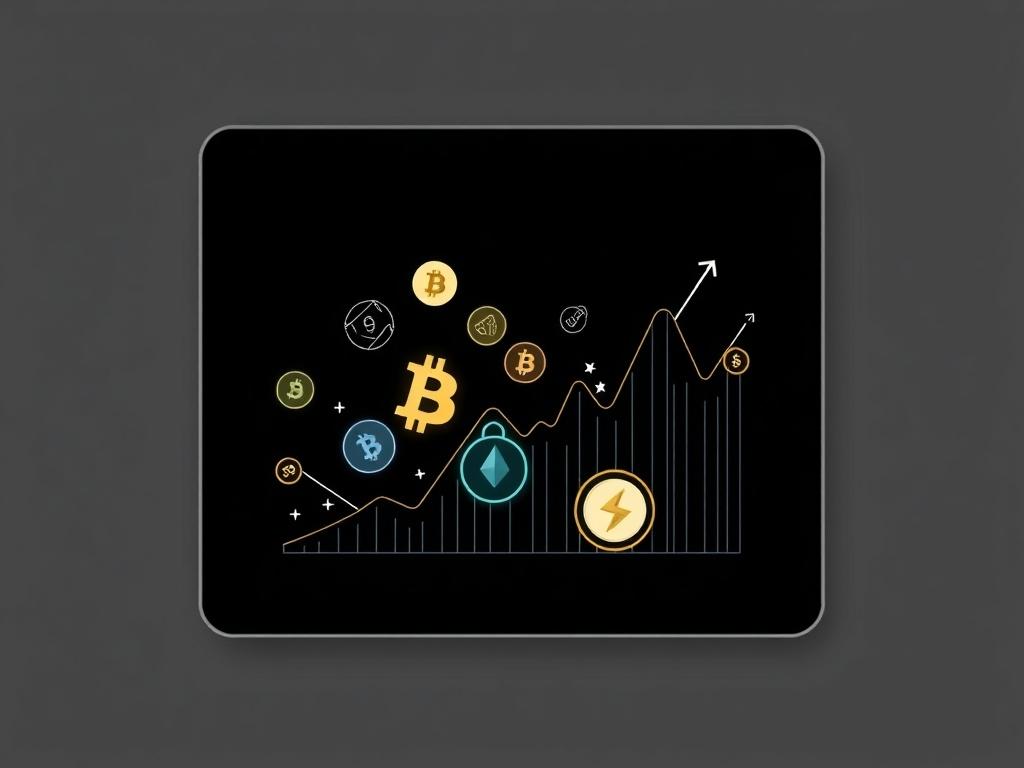A realistic high-resolution photo of a digital e-book cover featuring a stylized representation of cryptocurrency symbols and graphs, set against a black background to create a striking visual impact.