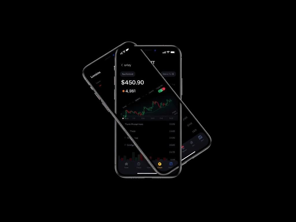 A realistic high-resolution photo of a modern smartphone displaying a cryptocurrency tracking app interface with graphs and price lists. The background should be black to maintain a sleek and professional look.