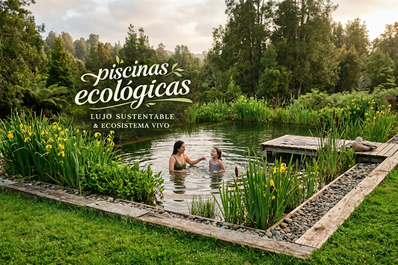 Piscina ecológica rectangular en paisaje de Sur de Chile