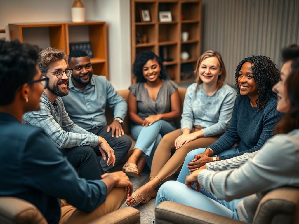 A close-up shot of a group therapy session in progress, showing a diverse group of individuals seated in a circle, engaged in discussion. The atmosphere is warm and inviting, with soft lighting and comfortable seating. Each participant displays a range of emotions, from thoughtful contemplation to supportive smiles, emphasizing connection and understanding.