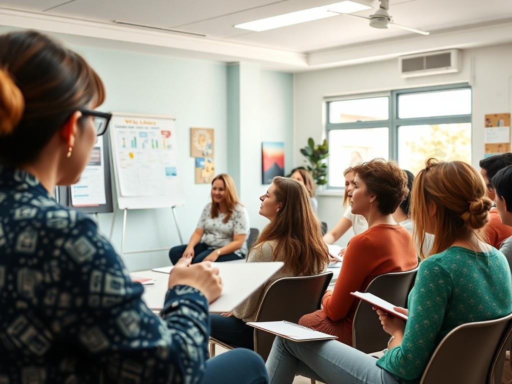 A close-up shot of a wellness workshop in session, highlighting a facilitator energetically presenting to a captivated audience. The room is bright and colorful, filled with participants taking notes and engaging in activities. Visual aids like charts and wellness materials are visible, creating an atmosphere of learning and enthusiasm.