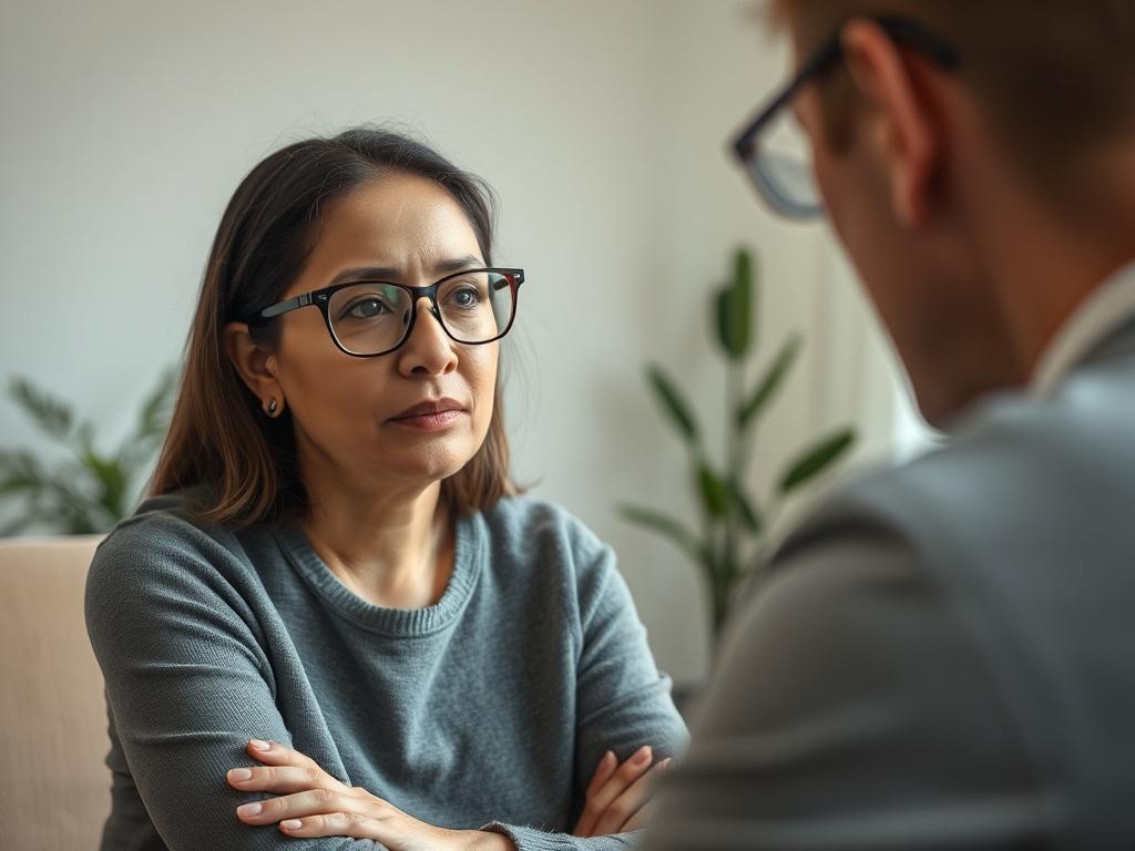 A close-up shot of a serene counseling session, featuring a therapist attentively listening to a client. The room is softly lit, promoting a calm atmosphere. The therapist is a middle-aged woman with glasses, showing empathy in her expression. The background includes a comfortable chair and a subtle indoor plant, creating a warm and inviting space.