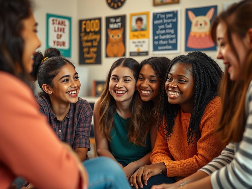 A close-up shot of a diverse group of middle school girls sitting in a circle, engaged in an interactive discussion. They are smiling and sharing ideas, with a warm and inviting atmosphere. The background shows a cozy room with soft lighting and motivational posters. The focus is on their expressions of joy and connection, highlighting a sense of community and support. The image should be rendered in hyper-realistic style, with soft bokeh to emphasize the subjects.