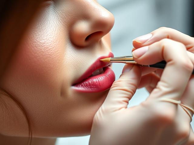 Create a realistic high-resolution photo that captures the essence of advanced cosmetic tattooing techniques. The composition should be simple and clear, featuring a close-up shot of a skilled makeup artist's hands at work as they delicately apply semi-permanent lip blushing to a client's lips. The artist should be focused and precise, showcasing intricate brush strokes and fine details that highlight their expertise. 

The subject matter should emphasize the artistry behind cosmetic tattooing, with the lip