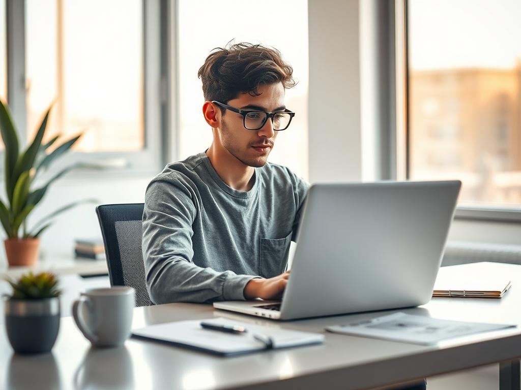 **AI Image Generation Prompt:**

Create a realistic high-resolution photo that visually represents the theme of "Website Creation Service". The image should feature a skilled web developer focused on their work, sitting at a modern, minimalist desk in a bright, inviting office space. The subject, a young professional with an engaged expression, should be shown working on a laptop, immersed in the process of designing a website.

The background should consist of a clean and organized workspace, with a soft-f