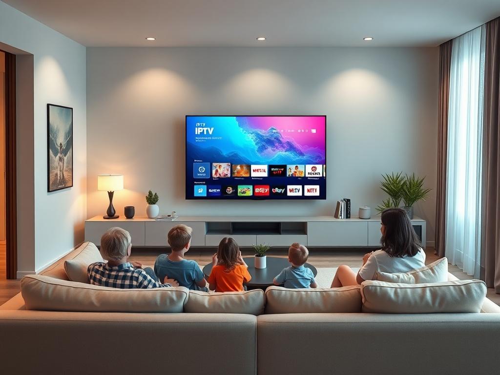 A modern living room featuring a large smart TV displaying vibrant IPTV content. The room is cozy and inviting, with a family gathered on a comfortable sofa, enjoying their favorite shows together. The decor is minimalistic, with clean lines and bold colors, reflecting a contemporary style. Soft lighting enhances the atmosphere, creating a warm ambiance. The TV screen shows a colorful IPTV interface, showcasing various channels and options, emphasizing the entertainment aspect of the service.