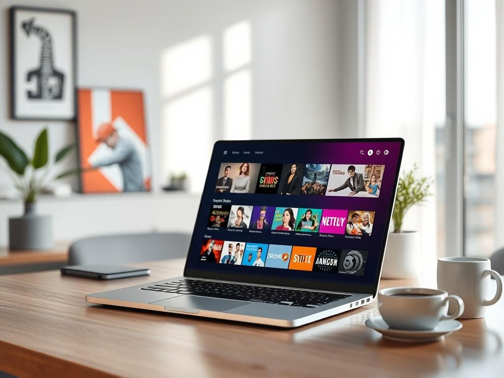 **AI Image Generation Prompt:**

Create a realistic, high-resolution photo that depicts a sleek laptop open to a vibrant streaming interface. The primary subject should be the laptop, displaying colorful thumbnails of various streaming content, such as movies, shows, and live channels, showcasing the diverse streaming solutions offered by Reda Digitals s.a.r.l. 

The background should be minimalistic and clean, featuring a soft-focus of a comfortable home office space with natural light filtering through a 