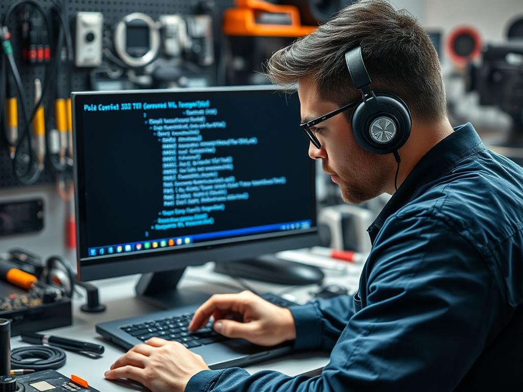 A technician focused on unlocking a laptop's BIOS settings on a computer screen. The background shows a modern tech repair environment with tools and devices neatly arranged, highlighting a professional and efficient workspace.