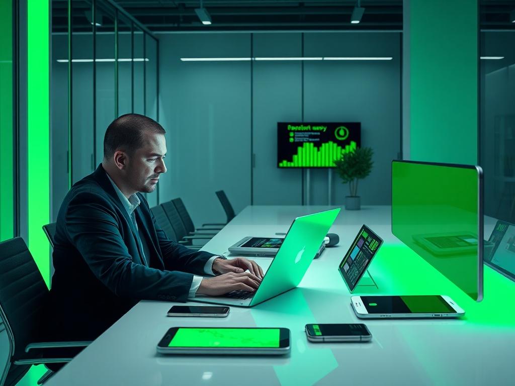 A sleek, modern office environment showcasing a high-tech digital workspace. The image features a professional individual working on a laptop surrounded by various digital devices like tablets and smartphones, with vibrant green accents reflecting the primary color. The background remains minimalistic, emphasizing the focus on technology and innovation.