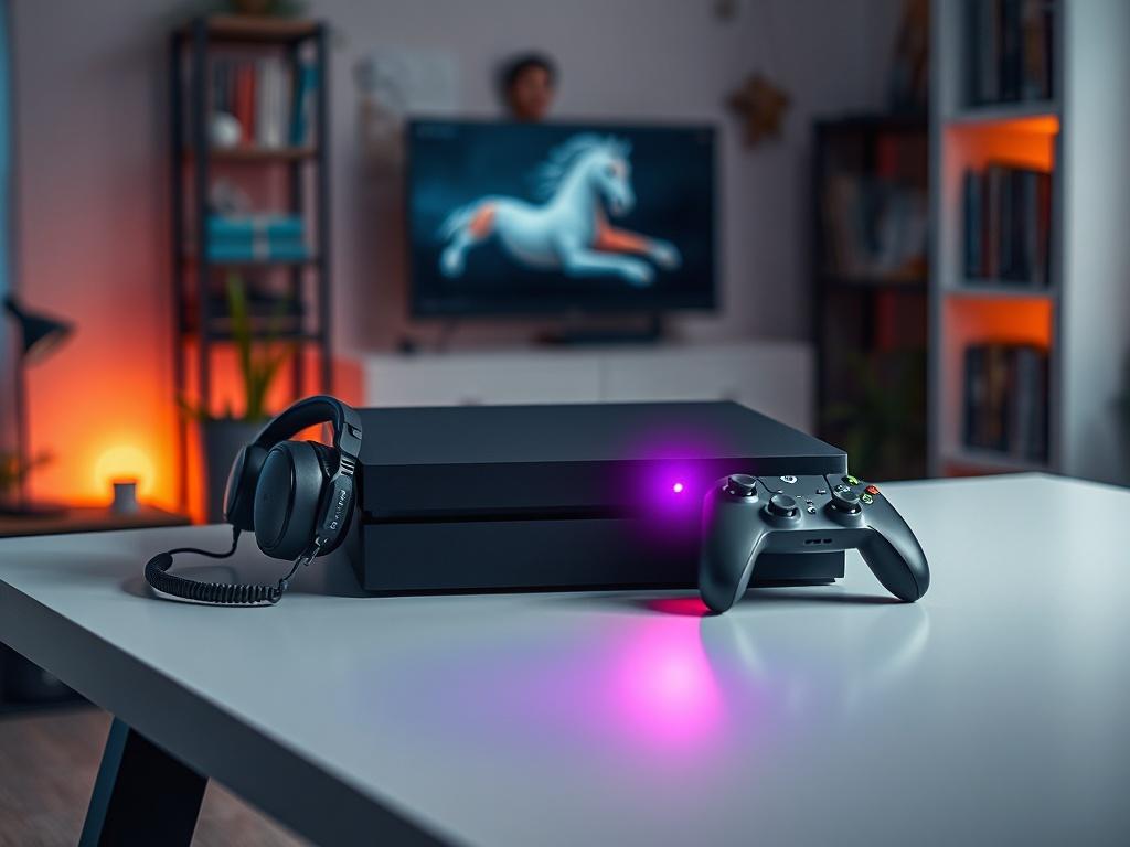 **AI Image Generation Prompt:**

Create a realistic, high-resolution photo that visually embodies the blog theme titled "Gaming Solutions." The composition should be simple and clear, featuring a single central subject: a modern gaming console placed on a sleek, minimalistic gaming desk. The console should display a vibrant LED light indicating it's powered on, showcasing the excitement and energy associated with gaming. Surrounding the console, include a pair of high-quality gaming headphones and a cutting