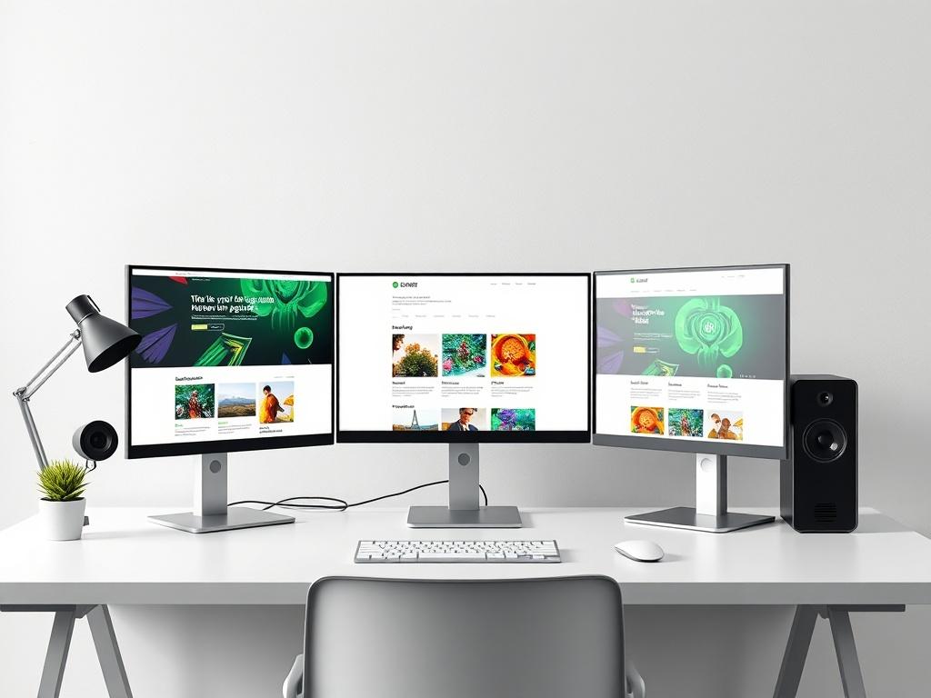 A realistic high-resolution photo of a modern workspace featuring a sleek computer setup with multiple screens displaying vibrant website designs. The background is minimalistic, with clean lines and a focus on essential elements. The dominant color scheme incorporates bold vibrant greens, representing creativity and innovation.
