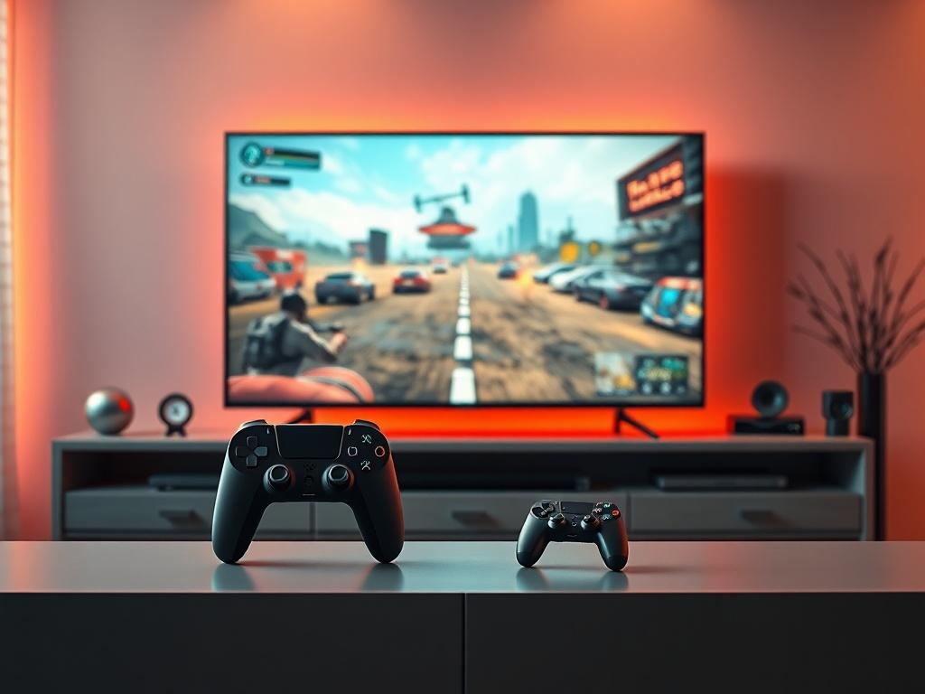 A high-resolution photo of a modern gaming console setup, featuring a sleek gaming console, a controller, and a large flat-screen TV displaying a vibrant game scene. The setup is on a stylish media console, with minimalistic decor in the background. The lighting is warm and inviting, enhancing the overall gaming atmosphere. The colors should reflect a bold and vibrant palette, compatible with the rgb(50, 170, 39) primary color.