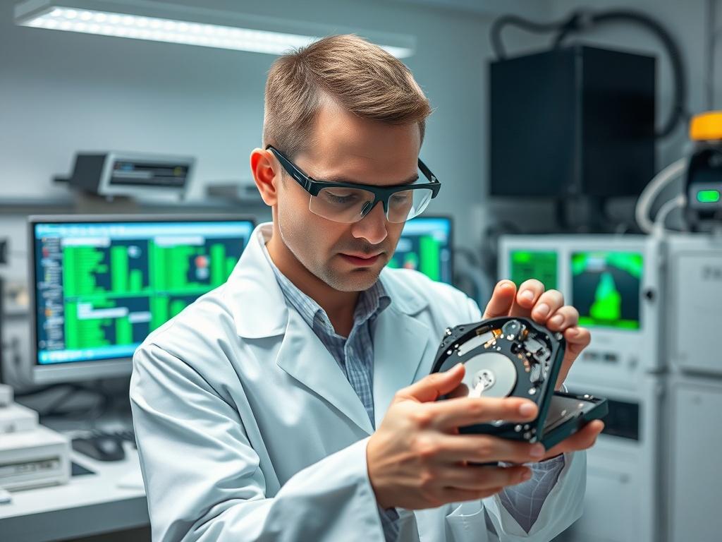 Create a highly detailed, realistic high-resolution photo of a data recovery laboratory. The composition should be simple and clear, featuring a single subject: a professional technician in a white lab coat meticulously examining a disassembled hard drive. The technician has short, neatly styled hair and is wearing protective eyewear. 

In the background, showcase a clean, organized workspace with high-tech equipment, including a computer with multiple monitors displaying data recovery software, data storag