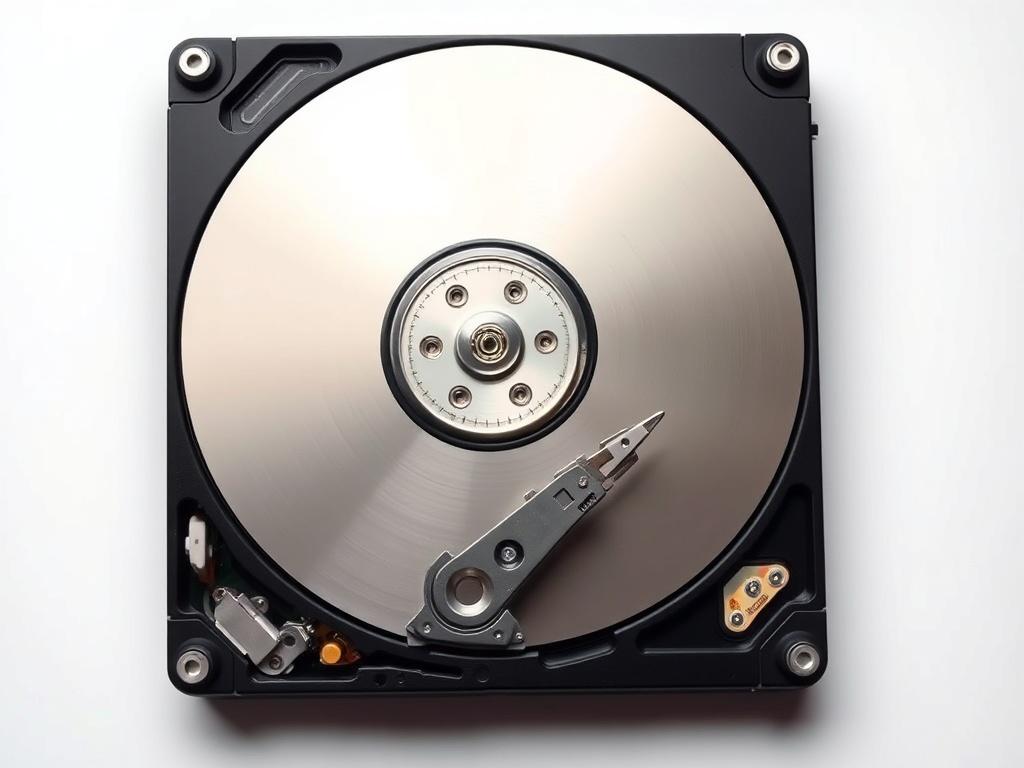A realistic high-resolution photo of hard disk parts displayed on a clean, minimalistic background. The focus should be on individual components like platters, read/write heads, and the drive casing, showcasing intricate details and textures. The composition should be simple, emphasizing the mechanical beauty of these parts with bold vibrant colors that complement the primary color rgb(50, 170, 39).