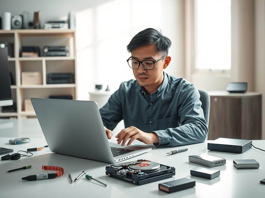 Create a highly detailed, photorealistic image of a focused technician sitting at a clean, modern workspace, diligently recovering data from a hard disk. The technician is of Asian descent, wearing glasses, and is engaged with a laptop that displays recovery software on the screen. Surrounding the technician are scattered tools commonly used for data recovery—small screwdrivers, a USB drive, and an external hard drive—highlighting the meticulous nature of their work. 

In the background, a softly blurred sh