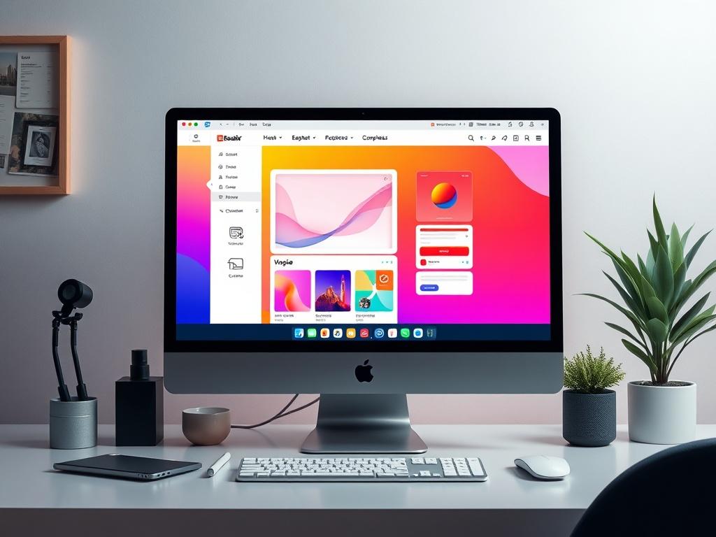 A realistic high-resolution image showcasing a website creation process on a computer screen, featuring a vibrant interface design in progress. The background should be minimalistic with clean lines, emphasizing the computer and the website being designed. Use bold vibrant colors that reflect the primary color rgb(50, 170, 39). The composition should focus solely on the computer and the design elements, creating an inviting and dynamic workspace atmosphere.