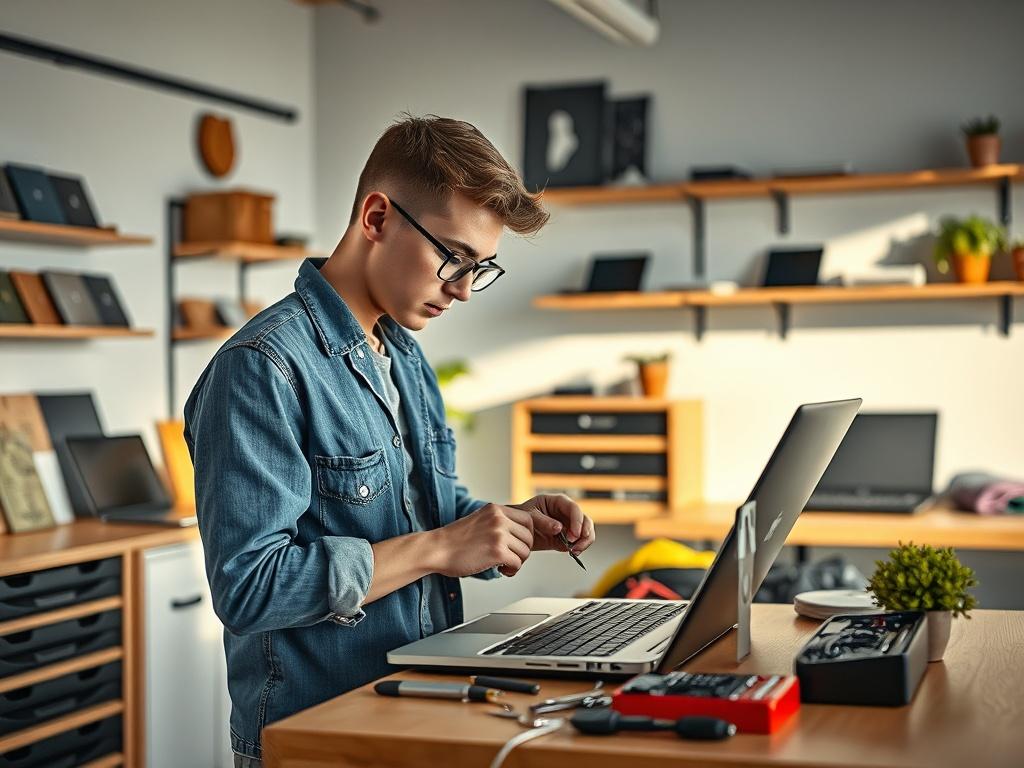 **AI Image Generation Prompt:**

Create a highly detailed, realistic high-resolution photo of a laptop repair shop. The composition should be simple and clear, focusing on one central subject: a skilled technician working diligently on a laptop. The technician should be depicted as a young adult, wearing casual work attire, using precision tools to open the laptop and inspect its internal components. 

In the background, showcase a well-organized workspace with tools neatly arranged on a workbench, an open 