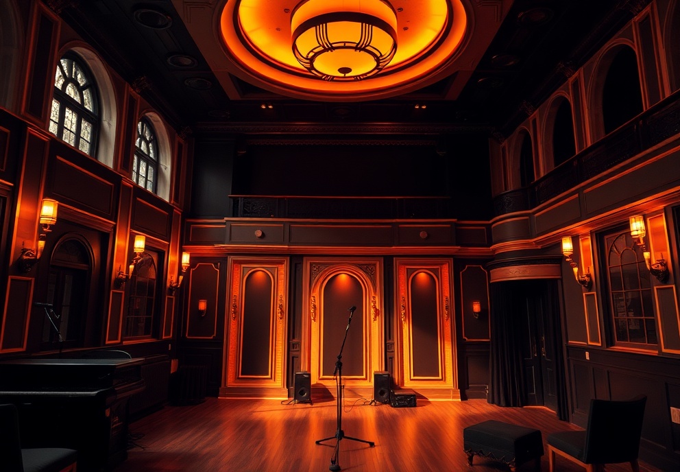 Grim House creative space interior with Art Deco elements and warm orange lighting