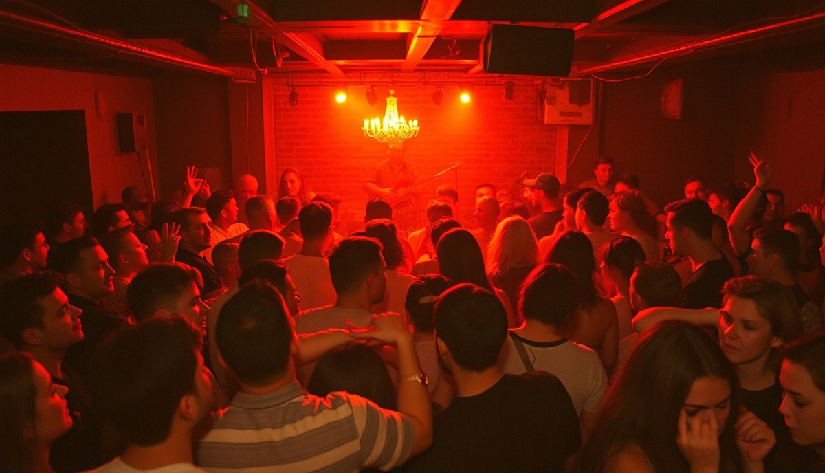 Engaged crowd at live music event with warm orange lighting
