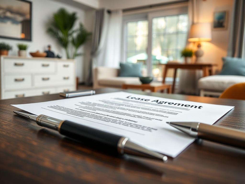 A close-up shot of a lease agreement on a desk with a pen beside it, illustrating the importance of thorough lease management. The background features a cozy, well-furnished rental unit, symbolizing successful leasing.