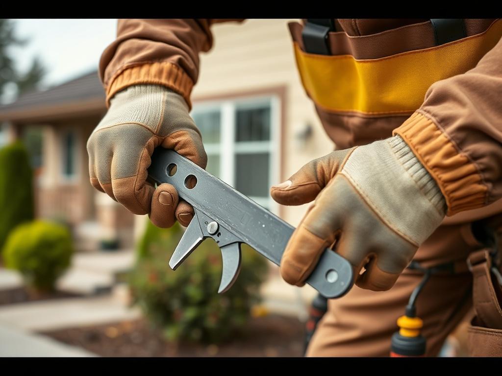 A close-up shot of a maintenance worker repairing a property, showcasing tools and equipment in use. The background features a well-maintained property. The focus is on the worker's hands and the tools, highlighting the details of the maintenance work being done.
