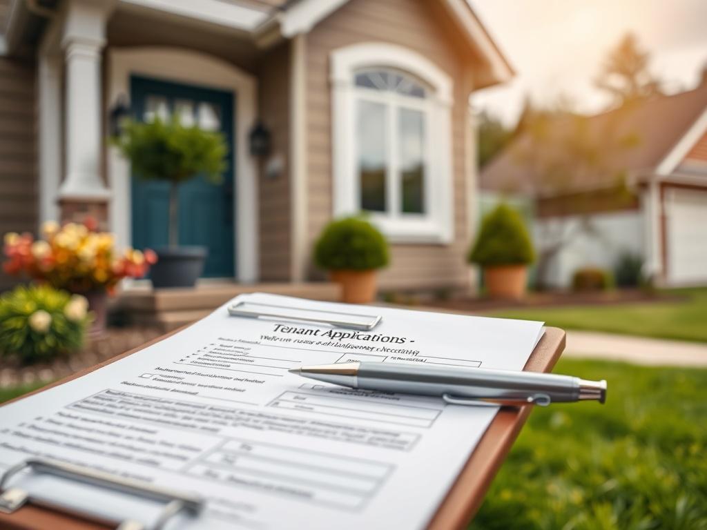 A close-up shot of a clipboard with tenant applications and a pen, set against a backdrop of a welcoming rental property. The focus is on the clipboard, displaying the importance of tenant screening in property management.