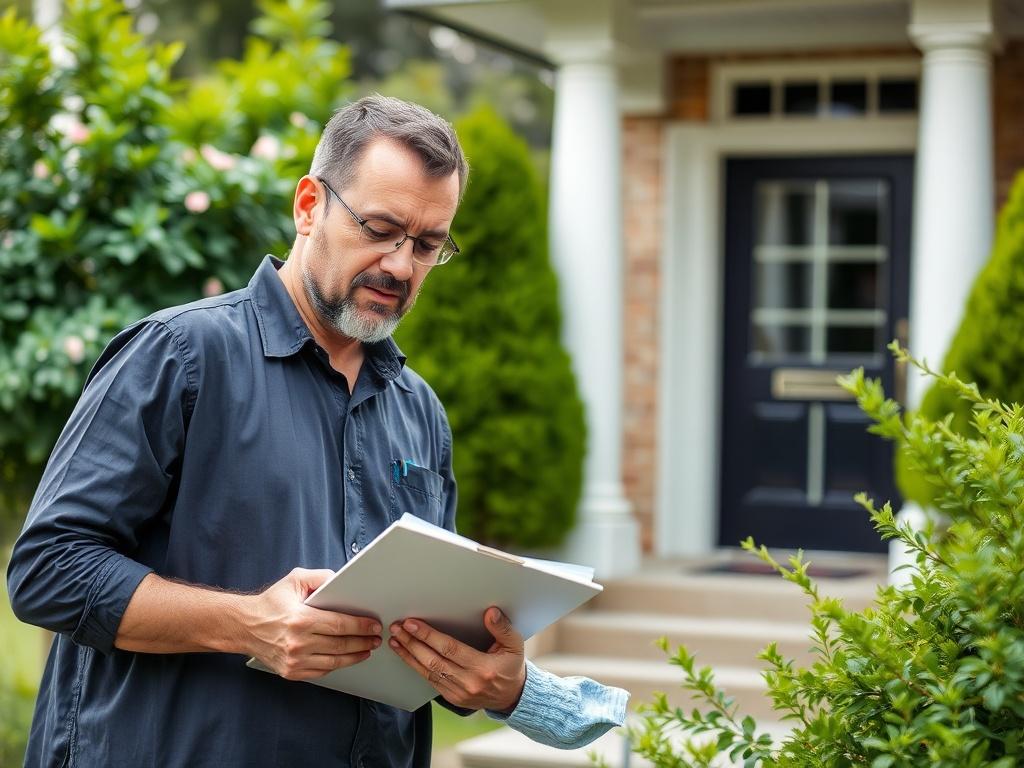 A close-up shot of a property manager inspecting a home, with a clipboard in hand, surrounded by greenery, showcasing professionalism and care. The background should be a well-maintained residential property, emphasizing attention to detail and quality service. The composition should focus on the manager, highlighting their engagement with the property.