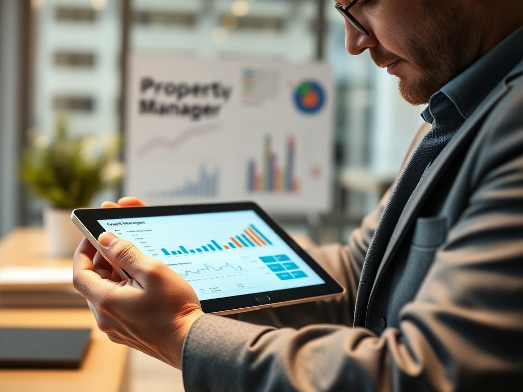 A close-up shot of a property manager using a tablet to analyze data, with a modern office backdrop. The image should convey efficiency and technology integration in property management. The focus should be on the manager’s expertise, with charts and graphs subtly visible in the background, indicating strategic planning.