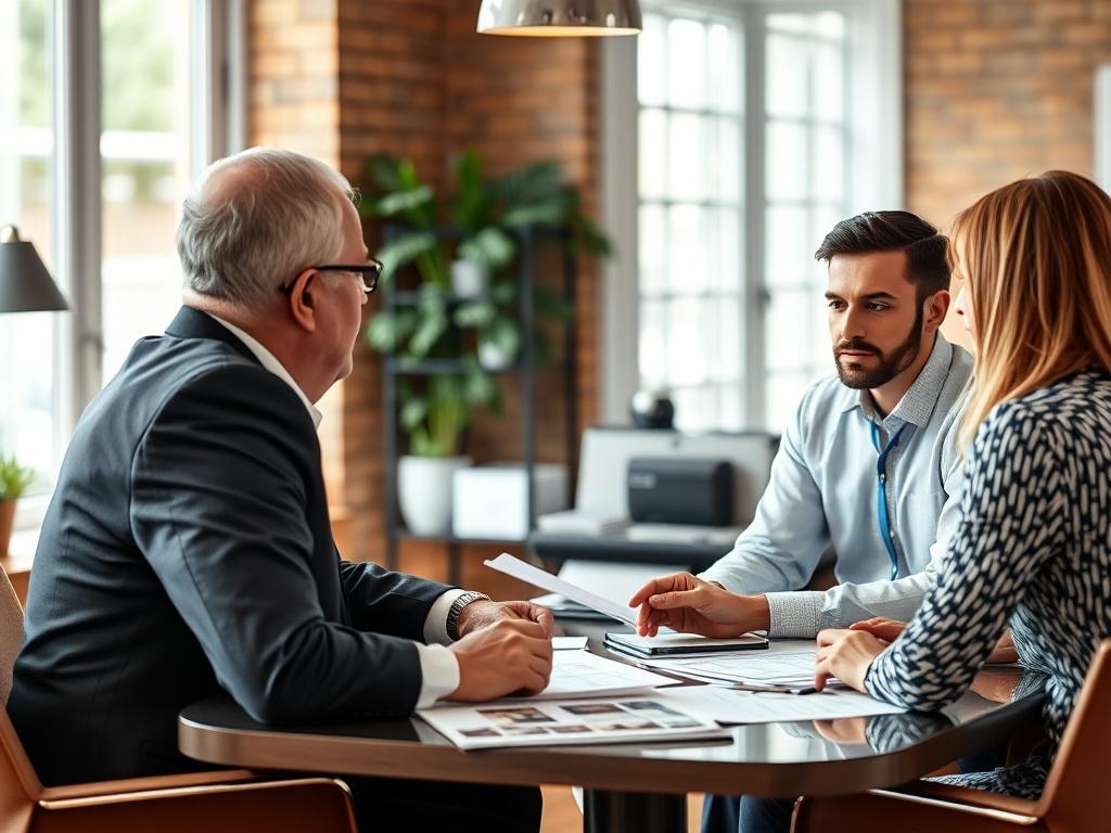 A close-up shot of a property manager engaged in a meeting with clients, discussing property management strategies, with a warm and inviting office environment in the background. The focus should be on the interaction, showcasing trust and collaboration, with property-related materials subtly placed around.
