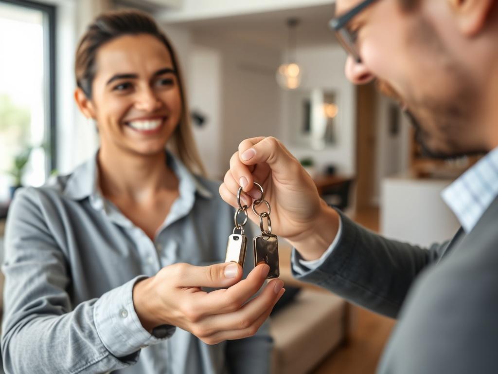 A close-up of a happy tenant receiving keys to a rental property from a property manager, with a modern apartment interior in the background. The image should evoke feelings of satisfaction and trust.