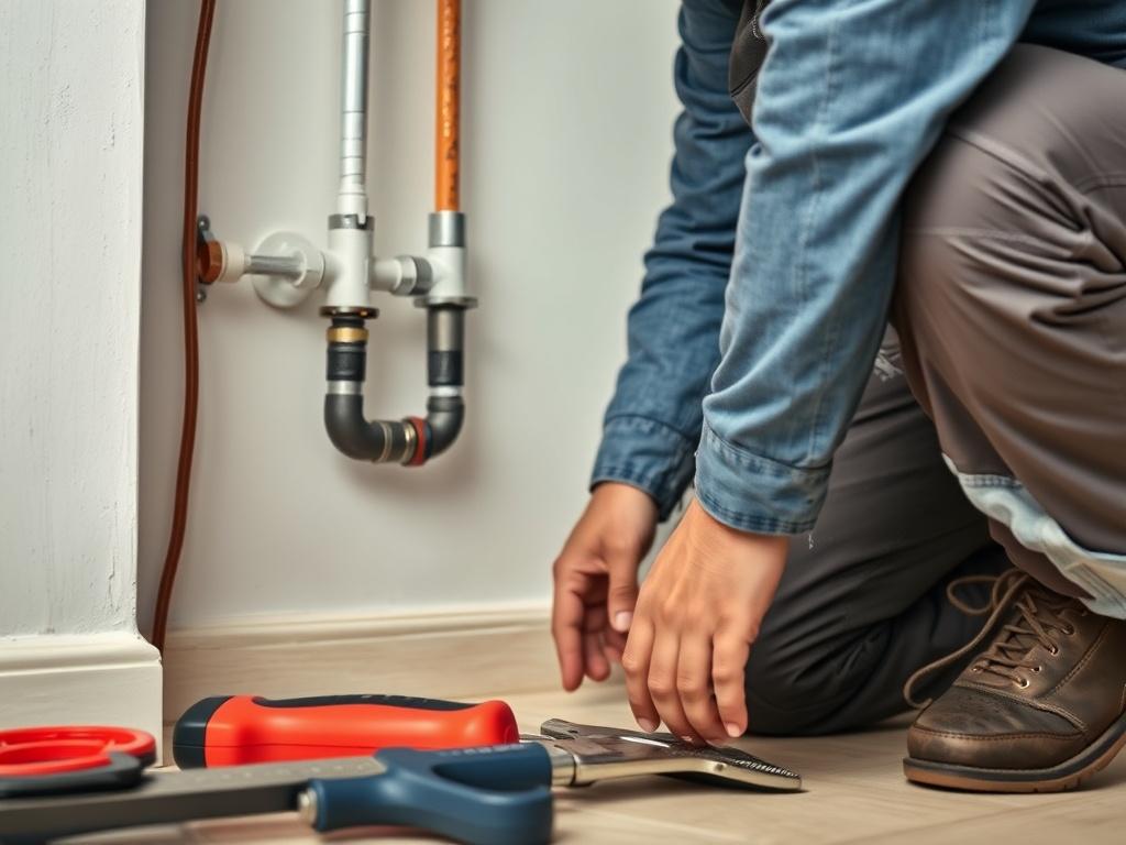 A close-up of a maintenance technician repairing a plumbing issue in a residential property, with tools and maintenance equipment in the foreground. The image should reflect professionalism and efficiency in property upkeep.