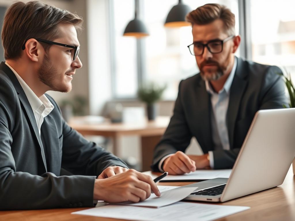 A close-up shot of a property manager discussing property details with a landlord, showcasing a modern office background with documents and a laptop in focus. The scene should convey professionalism and trust, with warm lighting.