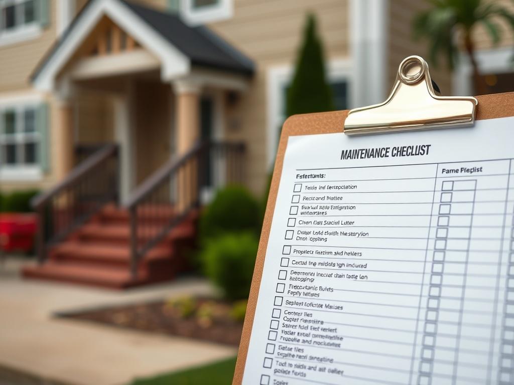 A close-up shot of a neatly organized maintenance checklist on a clipboard, against a backdrop of a well-maintained property exterior. The checklist should display various maintenance tasks. The image conveys a sense of order and professionalism in property management.