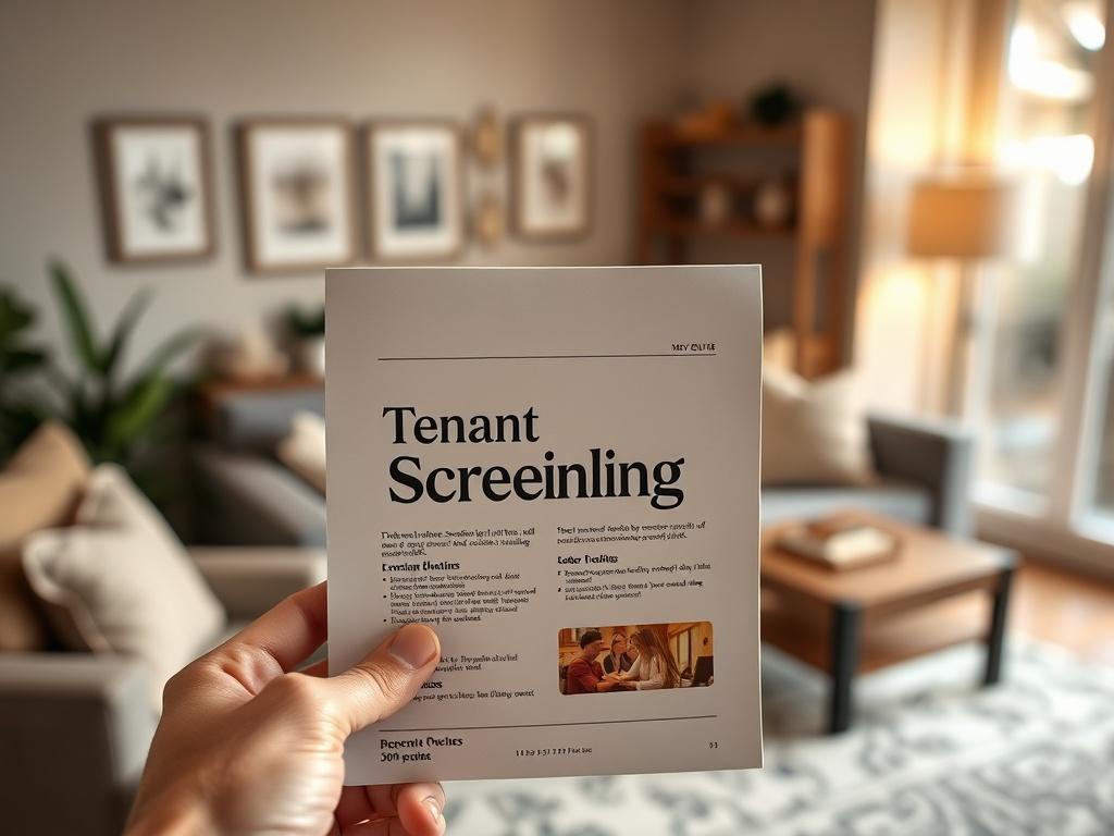 A close-up shot of a hand holding a printed guide titled 'Tenant Screening Guide' with a background of a cozy, well-decorated living space. The focus is on the guide, showcasing its detailed content. The lighting is warm and inviting, emphasizing the practicality of the guide in a home setting.