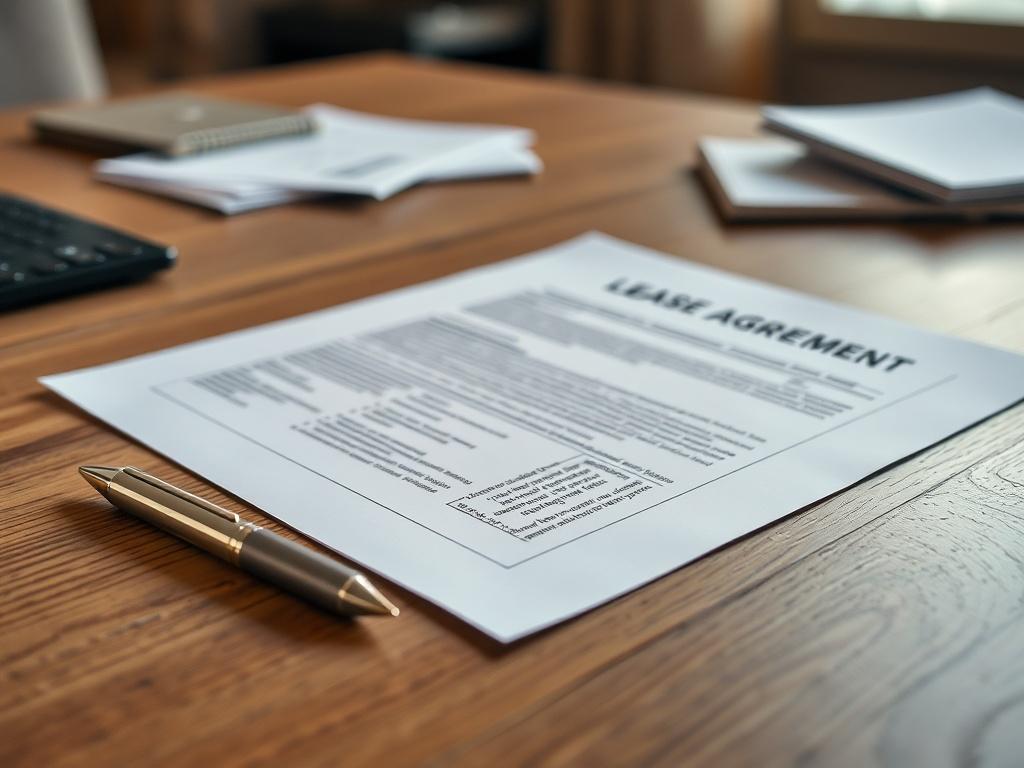 A close-up shot of a lease agreement template spread out on a wooden table, with a pen placed beside it. The document should show clearly defined sections. The background features a home office setting, conveying professionalism and organization.