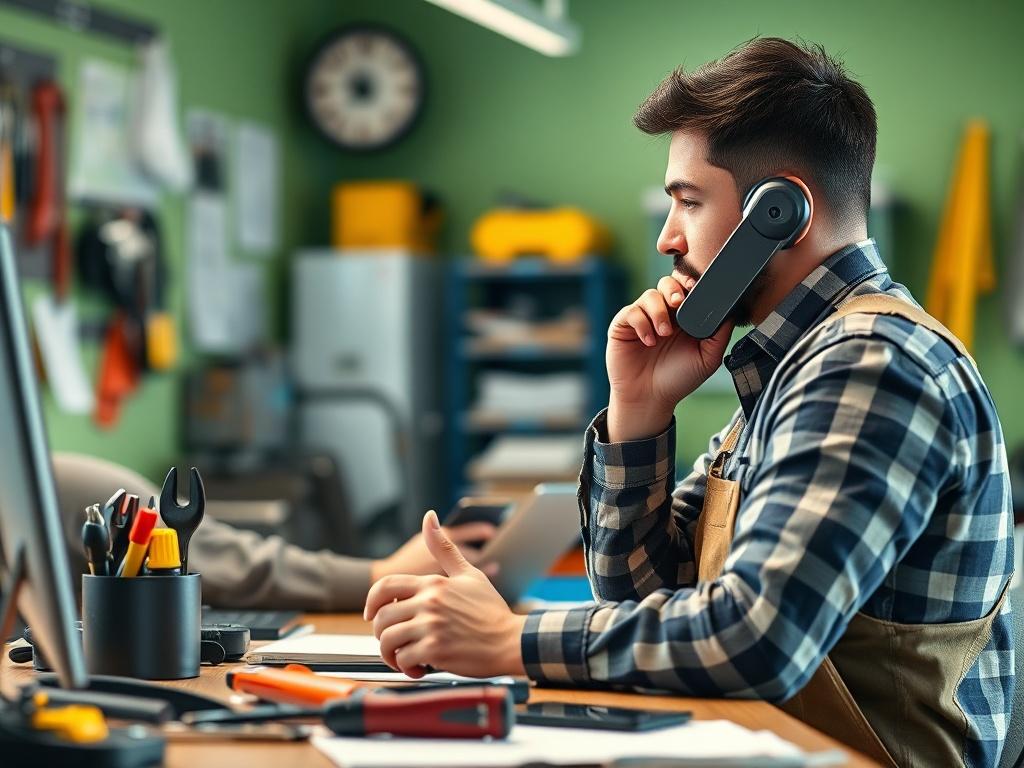 A close-up shot of a property manager on the phone, discussing maintenance issues with a contractor, surrounded by tools and maintenance gear. The setting should be a well-organized office space with a professional atmosphere, using a color palette that includes green and blue tones.