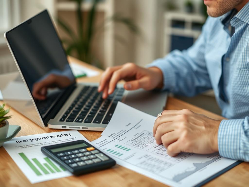 A close-up shot of a property manager reviewing rent payment records on a laptop, surrounded by financial documents and a calculator. The environment should be calm and organized, with green and blue accents to reflect the TreeHouse brand.