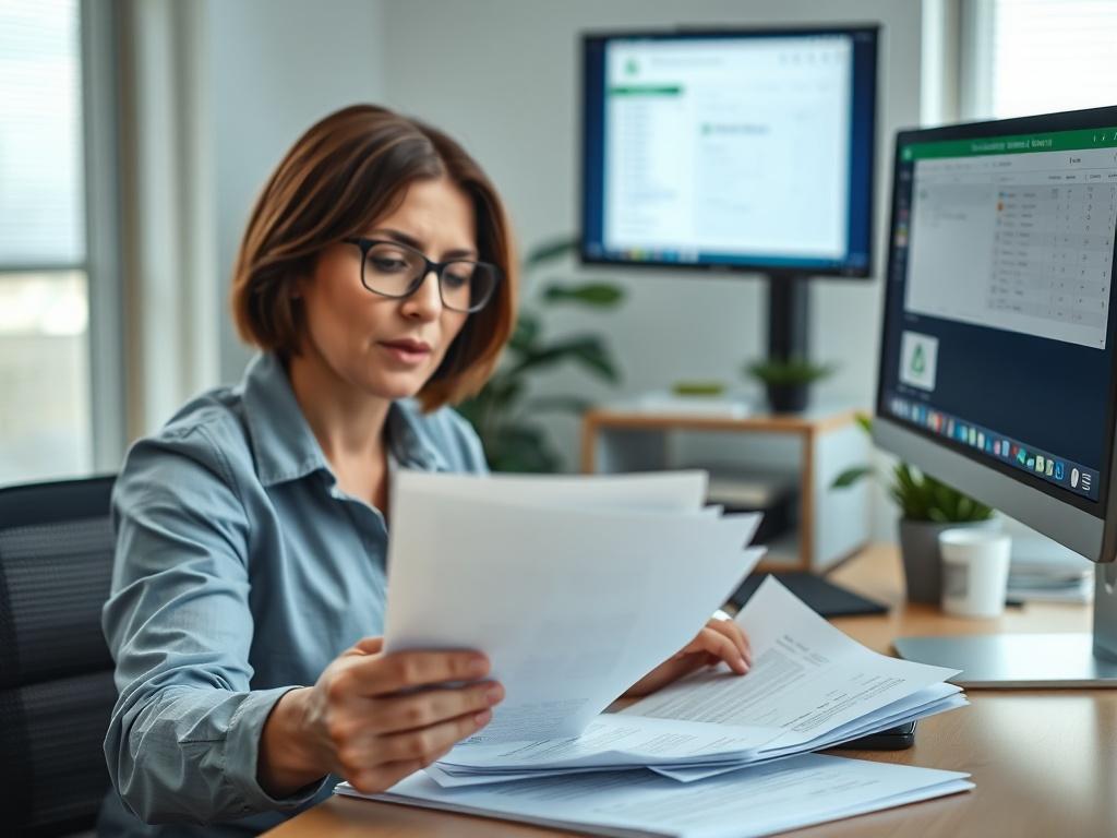 A close-up shot of a property manager reviewing tenant applications and documents in an office setting, with a focused expression. The background should be blurred to emphasize the papers and a computer screen displaying tenant information. The color palette should include shades of blue and green, reflecting the TreeHouse brand.