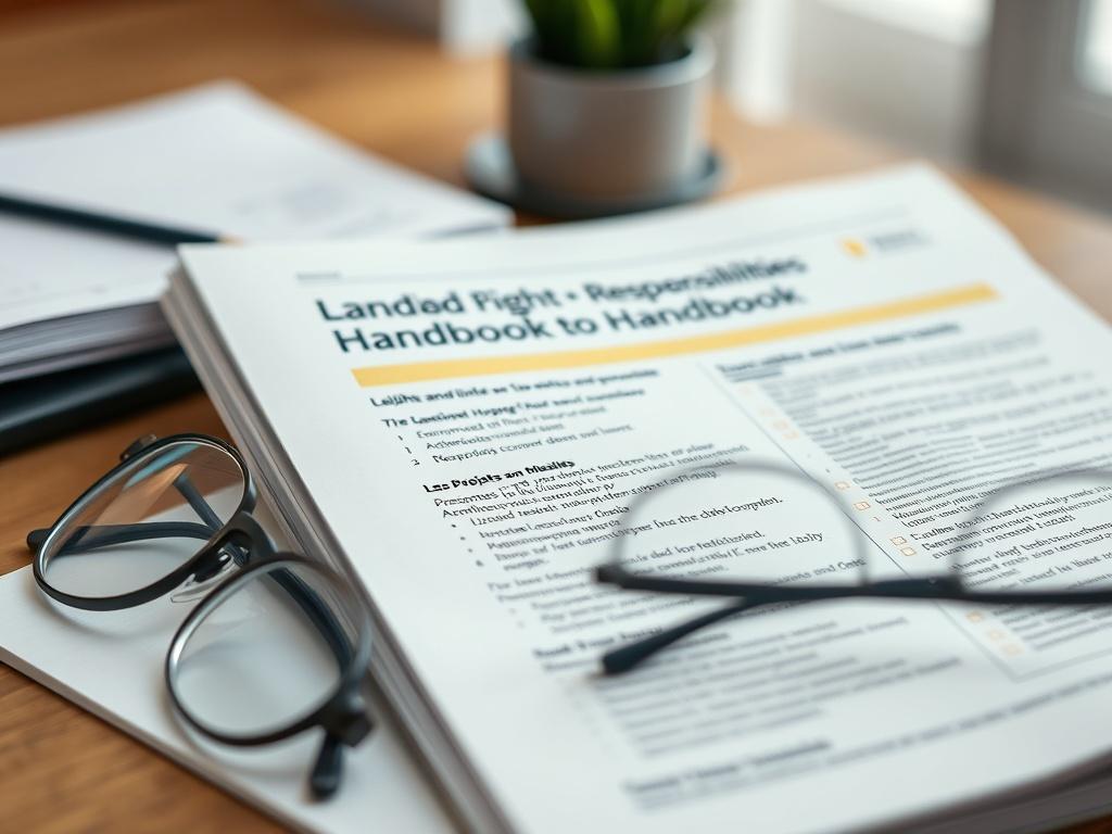 A close-up shot of the Landlord Rights and Responsibilities Handbook, placed on a desk with a pair of reading glasses beside it. The handbook should be open to a page with highlighted rights and responsibilities. The background should be softly blurred for focus.